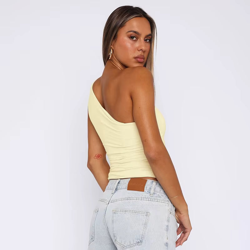 One-Shoulder Ruched Top – Beaded Strap Detail