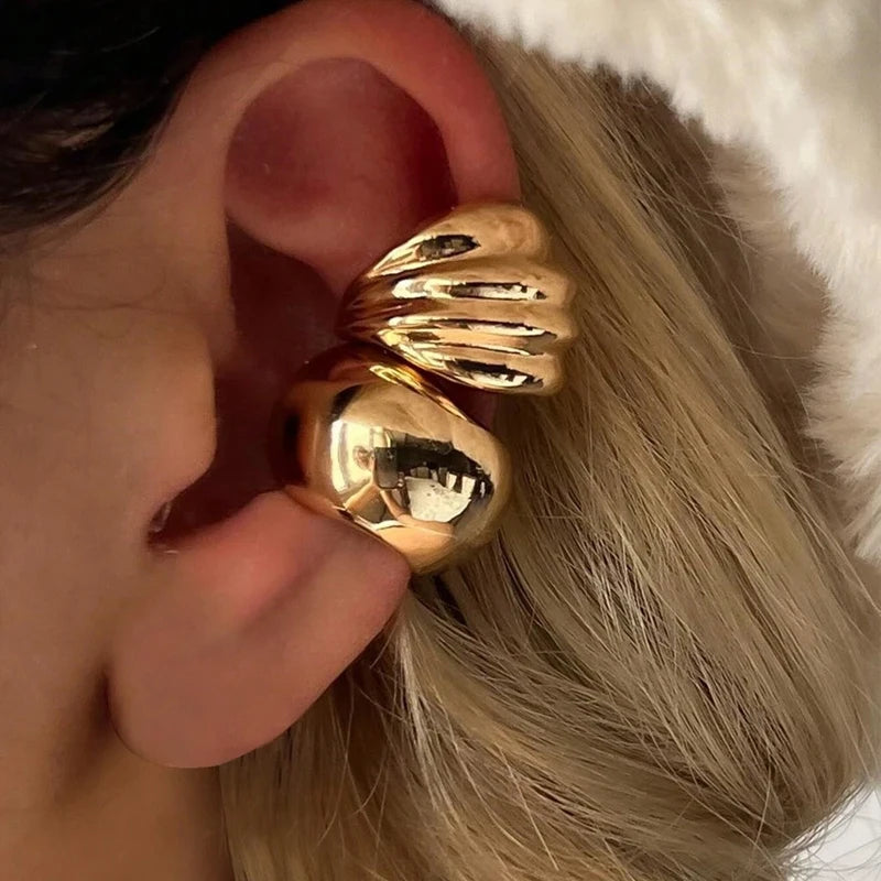 Exaggerated Wide Gold Clip-On Earrings for Women – Irregular Shape, Boho Style, Non-Piercing Metal Set