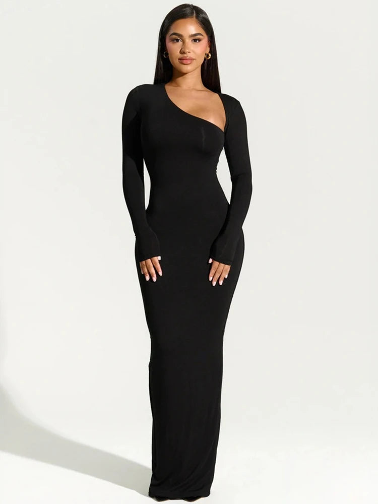 Elegant Black Evening Maxi Dress – Women's Asymmetrical Long Sleeve Split Gown for Fall & Winter Parties