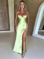 Elegant Satin Evening Dress – Backless Slim Fit with Side Slit