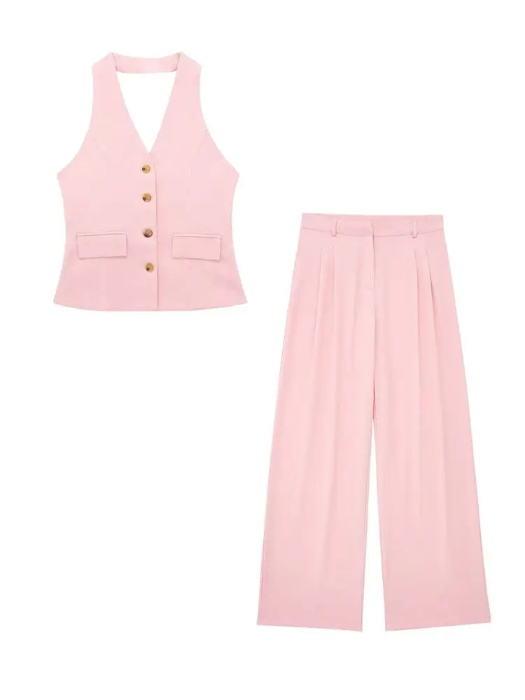 Women’s 2-Piece Office Set – Halter Vest Top & High Waist Wide-Leg Pants with Pockets