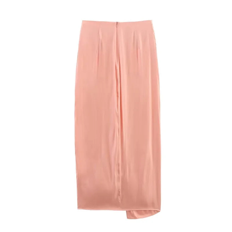 Women’s Pink Satin 2-Piece Skirt Set – Backless Halter Crop Top & High Waist Pleated Midi Skirt