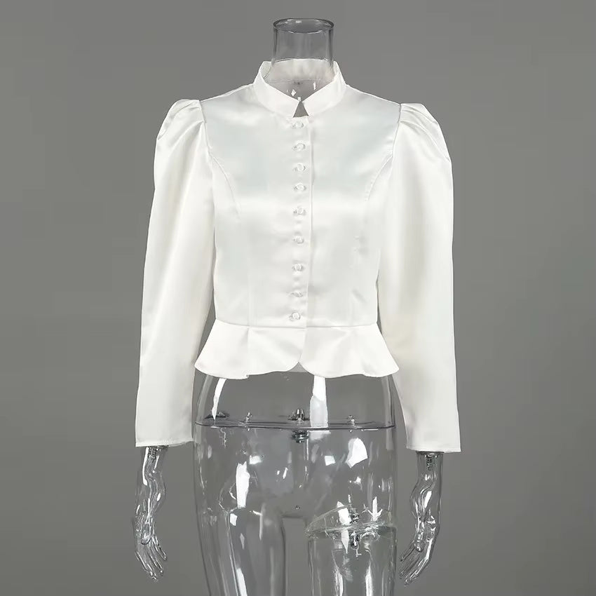 Strukturierte Satin-Schößchenbluse – Weiß