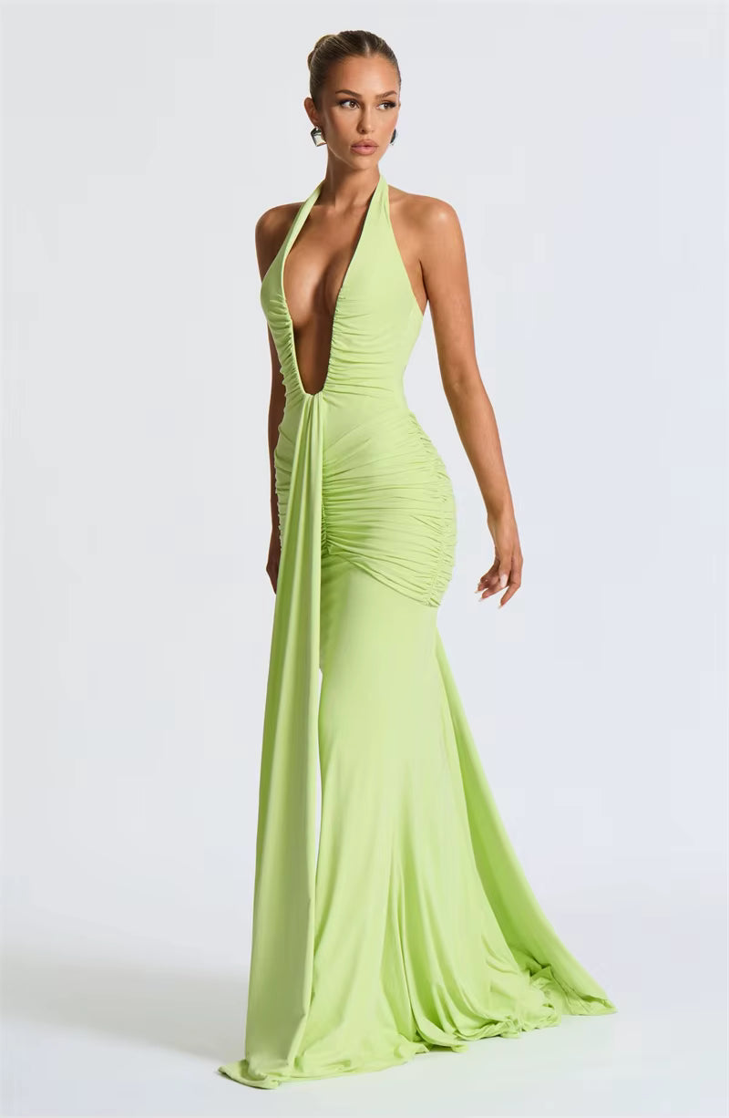 Deep V-Neck Ruched Maxi Dress – Backless Halter Club Dress for Women