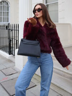Burgundy Faux Fur Coat – Vintage Long Sleeve High Street Jacket for Women