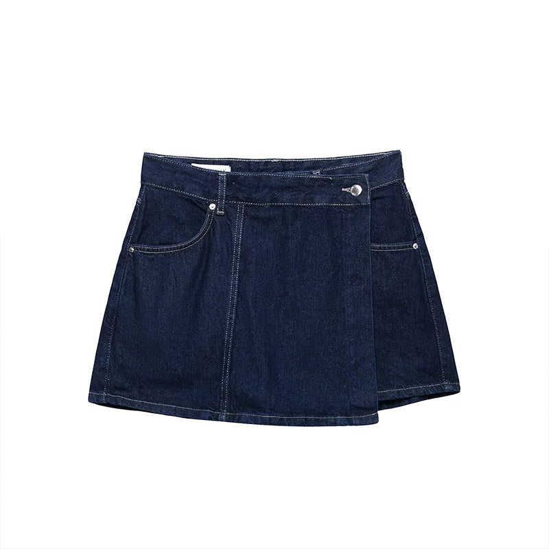 Minifalda vaquera azul marino con cremallera para mujer: pantalones cortos vintage chic de cintura alta