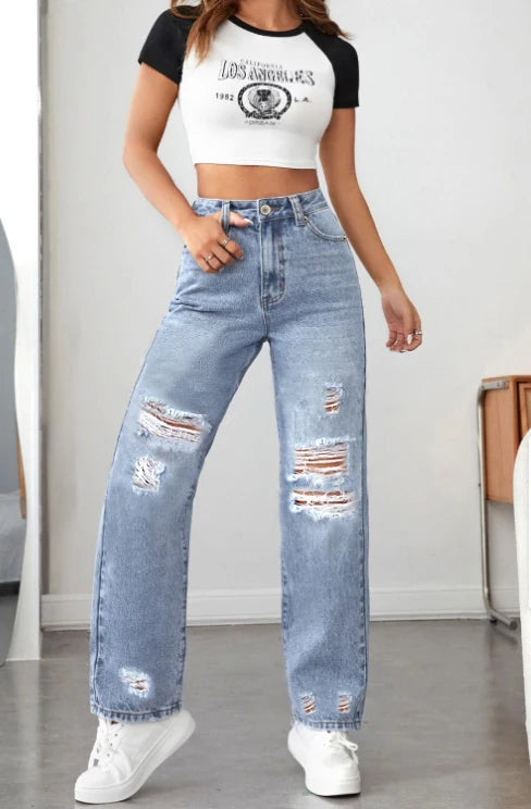 Light Blue Ripped Wide-Leg Jeans – High Waist Distressed Streetwear