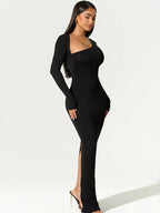 Elegant Black Evening Maxi Dress – Women's Asymmetrical Long Sleeve Split Gown for Fall & Winter Parties