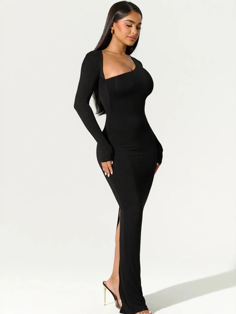 Elegant Black Evening Maxi Dress – Women's Asymmetrical Long Sleeve Split Gown for Fall & Winter Parties