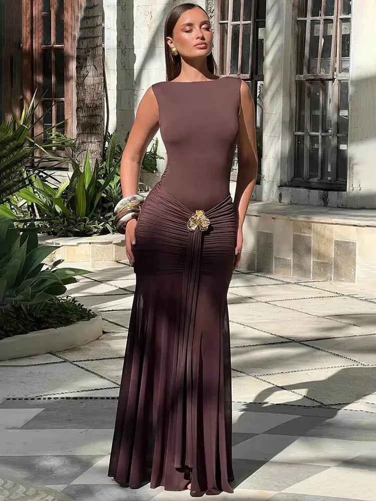 Metal Flower Backless Ruched Maxi Dress