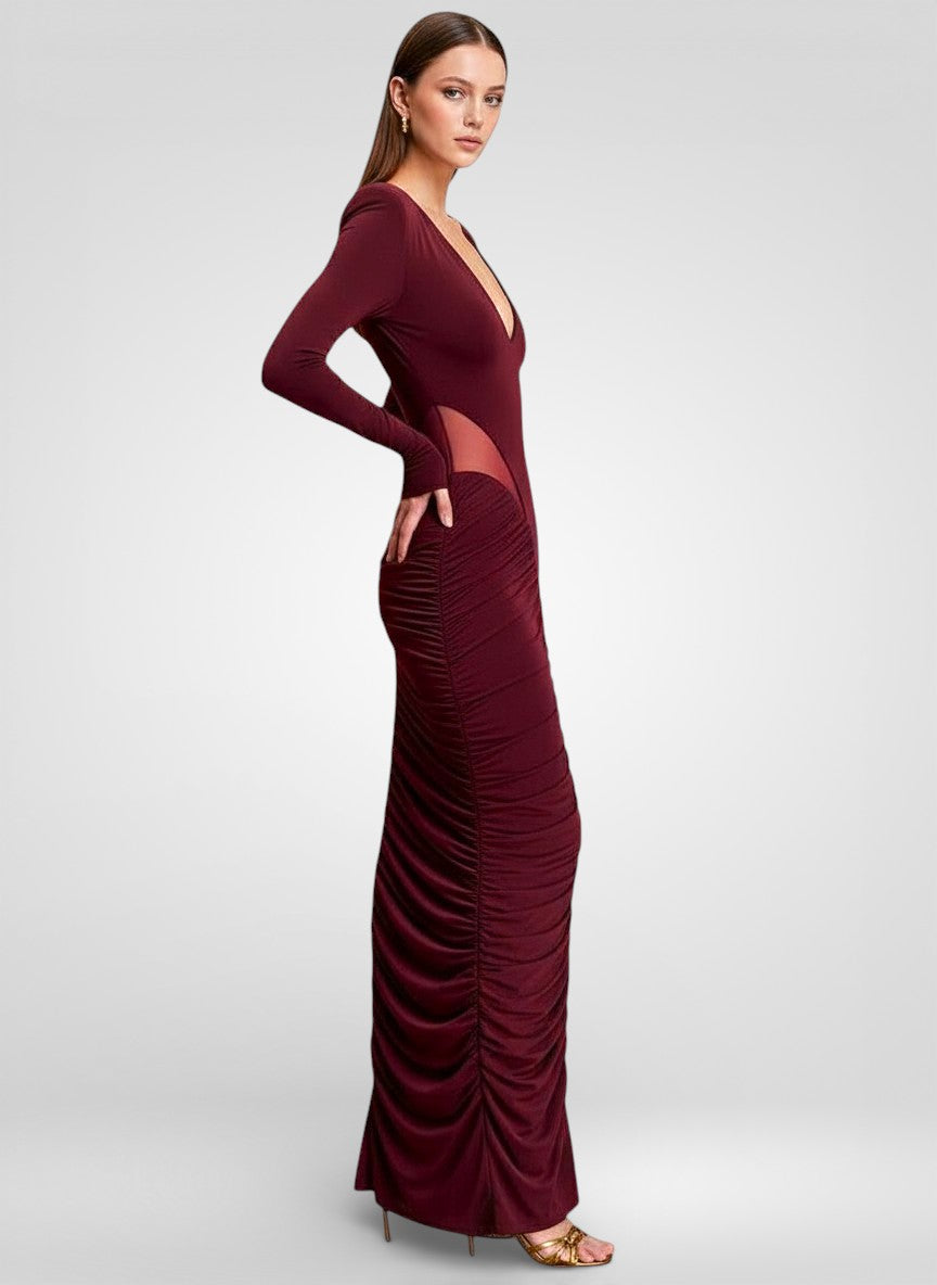 Elegantes Maxikleid aus Mesh mit tiefem V-Ausschnitt