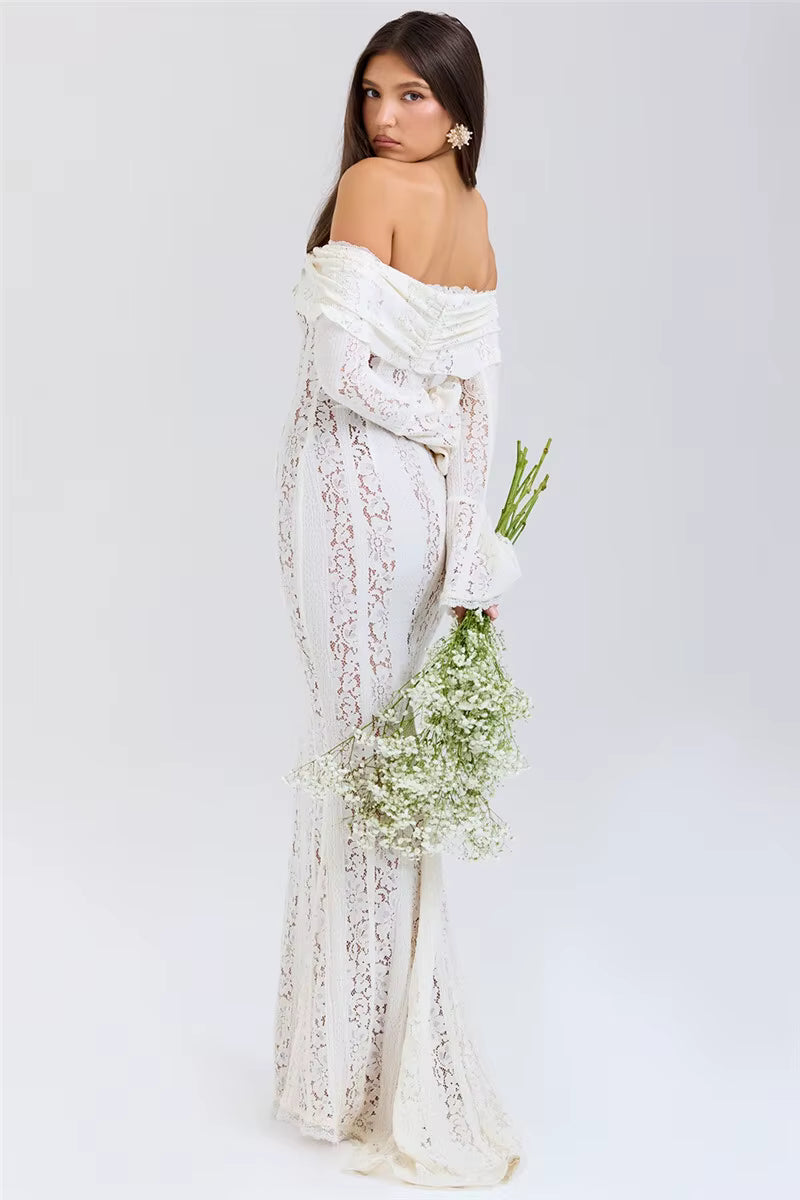 White Lace Off-Shoulder Maxi Dress – Elegant Backless Long Sleeve Gown