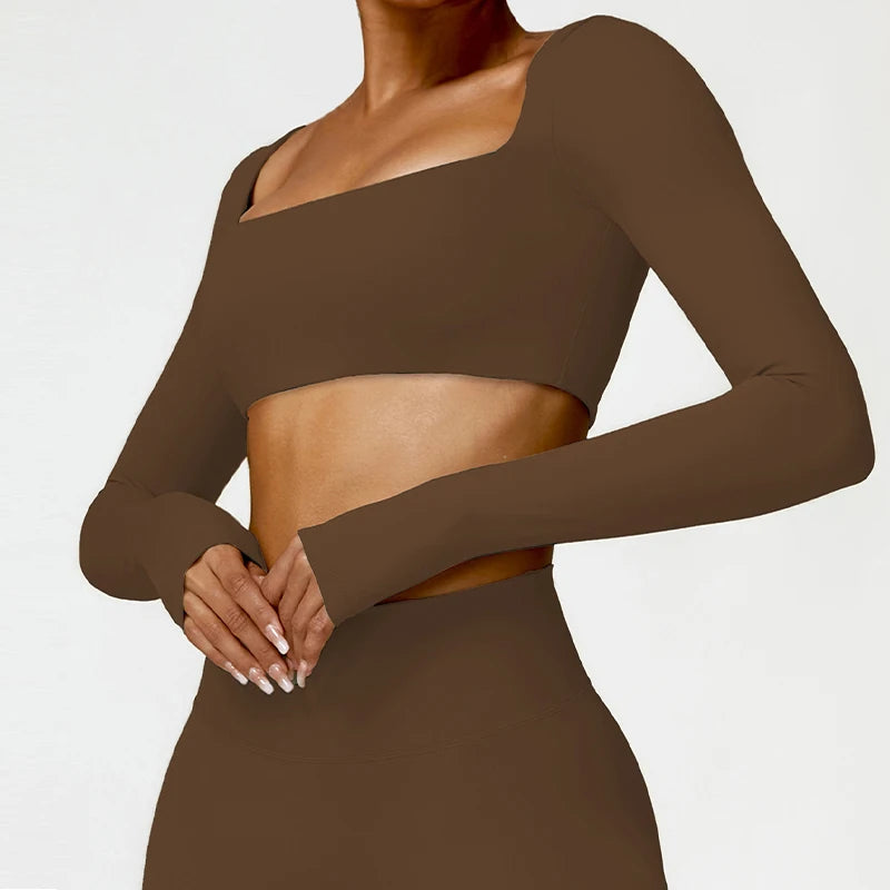 Seamless Square Neck Gym Top – Long Sleeve Compression Crop