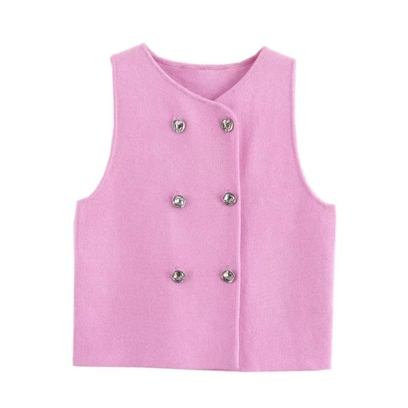 Women’s Cropped Pink Vest – Double-Breasted Sleeveless Top