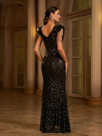 Women's Sequin Beaded Sleeve Evening Gown