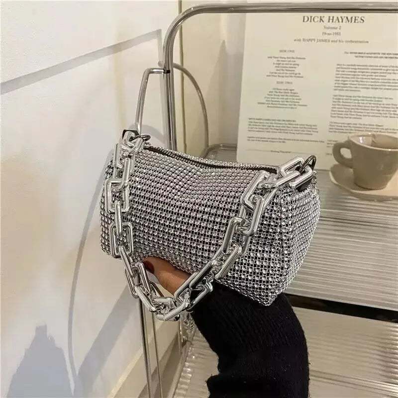 Mini sac seau à strass – Sac bandoulière en forme de coussin pailleté avec bandoulière chaîne pour femme
