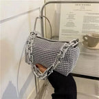 Mini sac seau à strass – Sac bandoulière en forme de coussin pailleté avec bandoulière chaîne pour femme