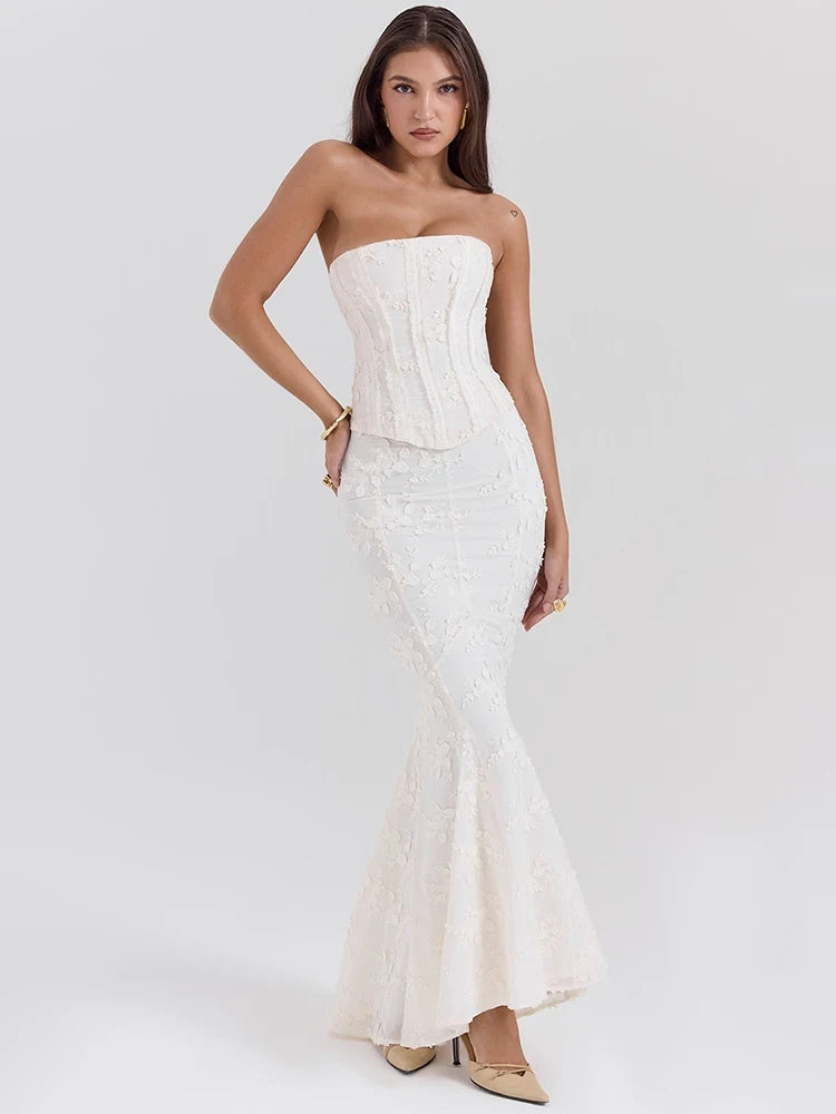 Strapless Lace-Up Crop & Maxi Skirt Set