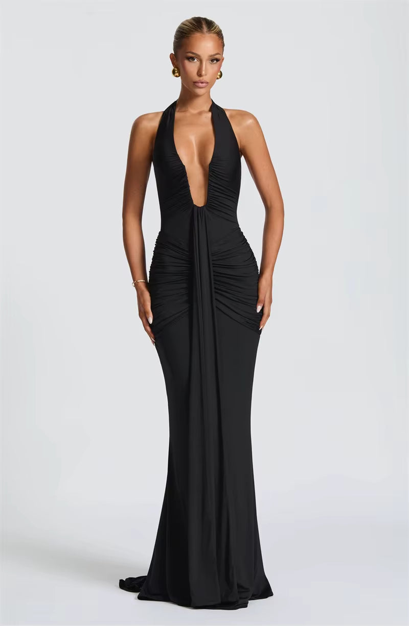 Deep V-Neck Ruched Maxi Dress – Backless Halter Club Dress for Women