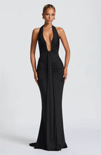 Deep V-Neck Ruched Maxi Dress – Backless Halter Club Dress for Women