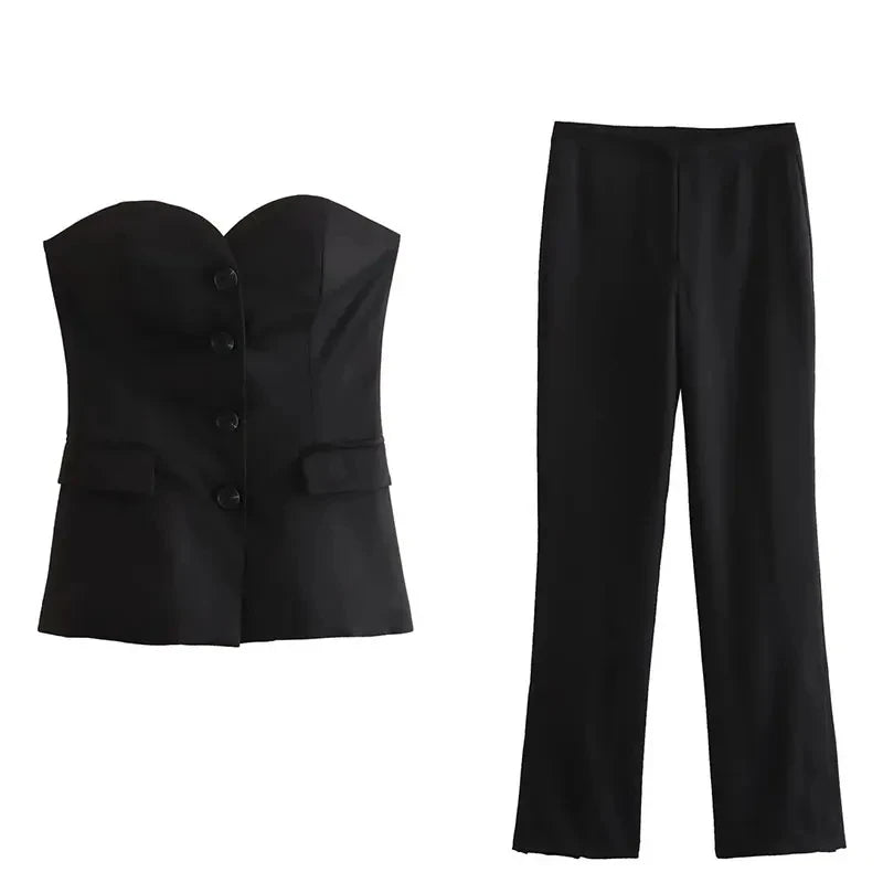 Strapless Chic – Buttoned Blazer & Slit Trouser Set