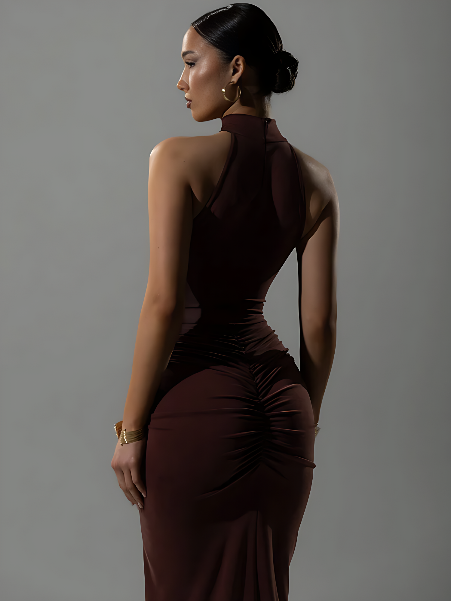 Ruched Halter Split Maxi Dress