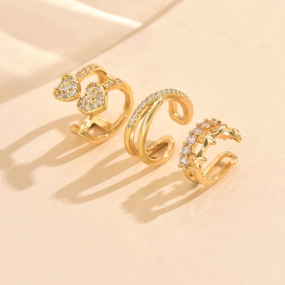 3pcs Gold Zircon Clip-On Earrings Set for Women – Non-Piercing Cuff Style, Trendy Geometric Design