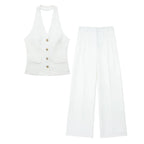 Women’s 2-Piece Office Set – Halter Vest Top & High Waist Wide-Leg Pants with Pockets