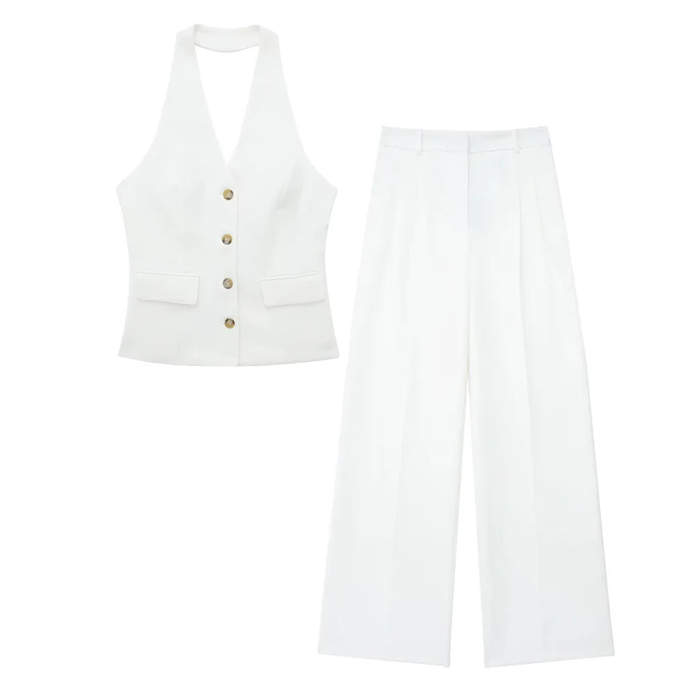 Women’s 2-Piece Office Set – Halter Vest Top & High Waist Wide-Leg Pants with Pockets