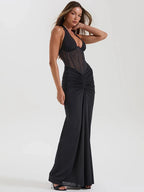 Halter Backless Maxi Dress – Sexy V-Neck Draped Bodycon Gown for Women’s Club & Party Wear