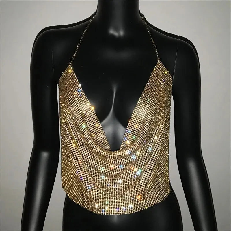Rhinestone Chainmail Halter Top – Backless Metallic Drape Style