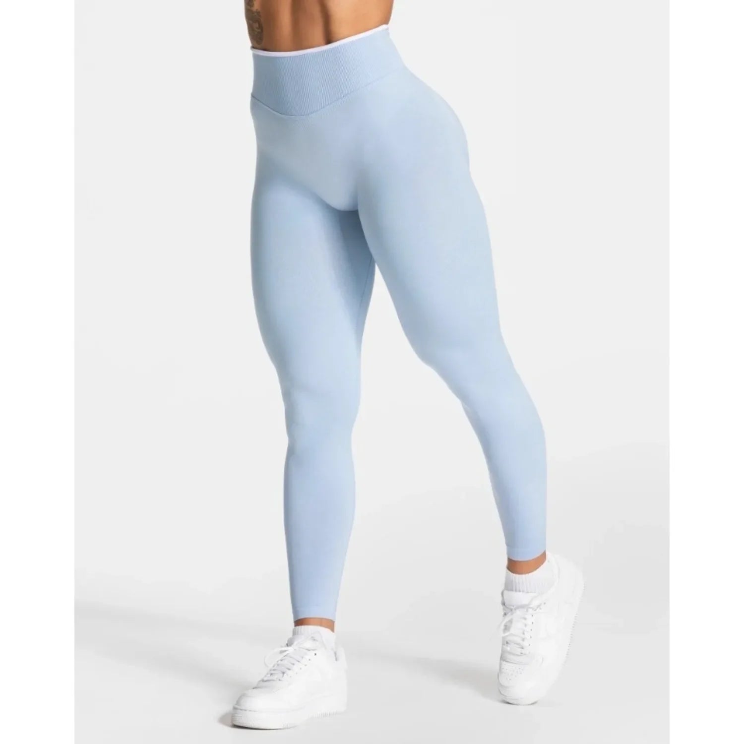 Seamless High-Waist Sports Leggings – Hip-Lifting Solid Color Yoga Pants with White Edge Waist