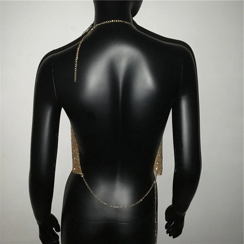 Rhinestone Chainmail Halter Top – Backless Metallic Drape Style