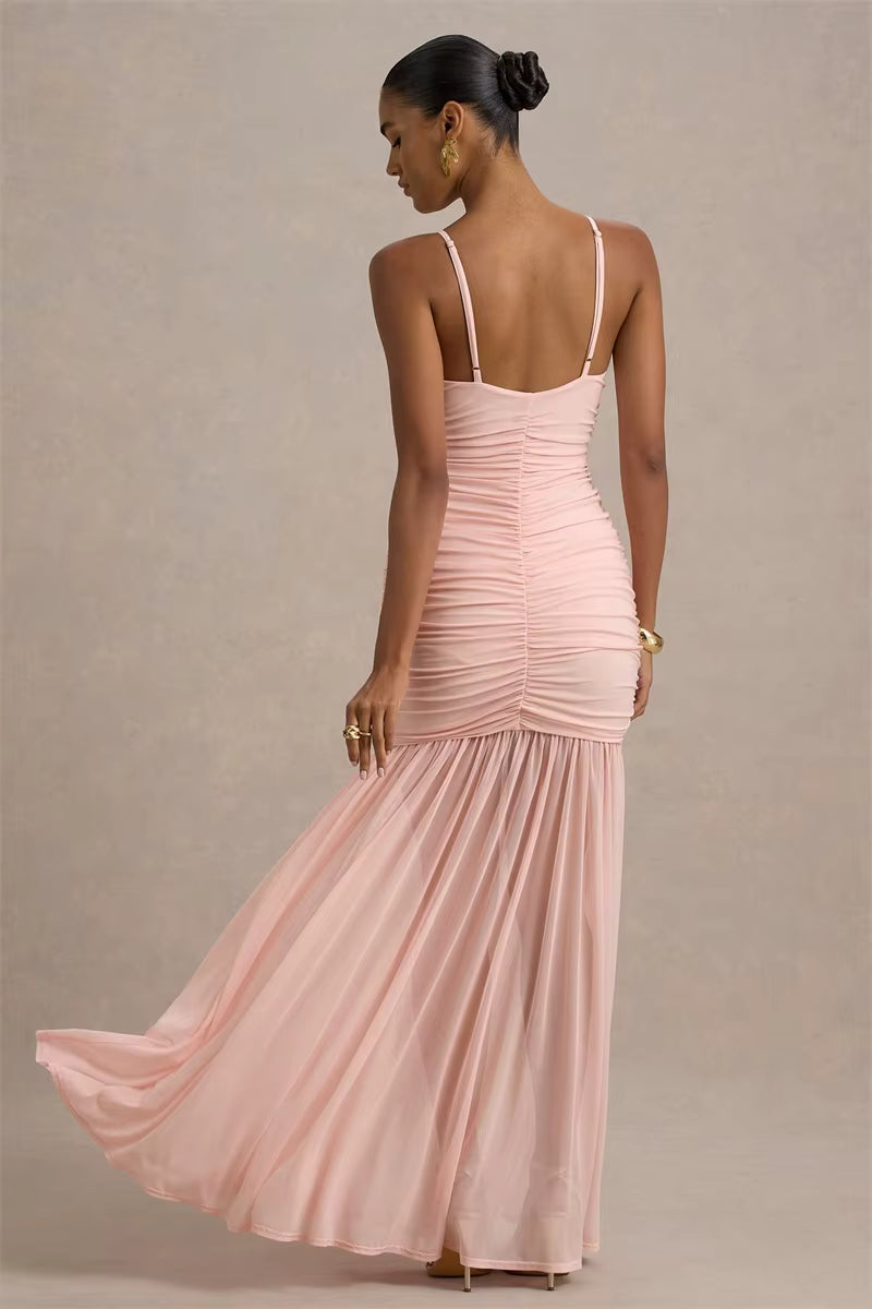 Backless Pleated Spaghetti Strap Maxi Dress – Elegant Ruched V-Neck Gown