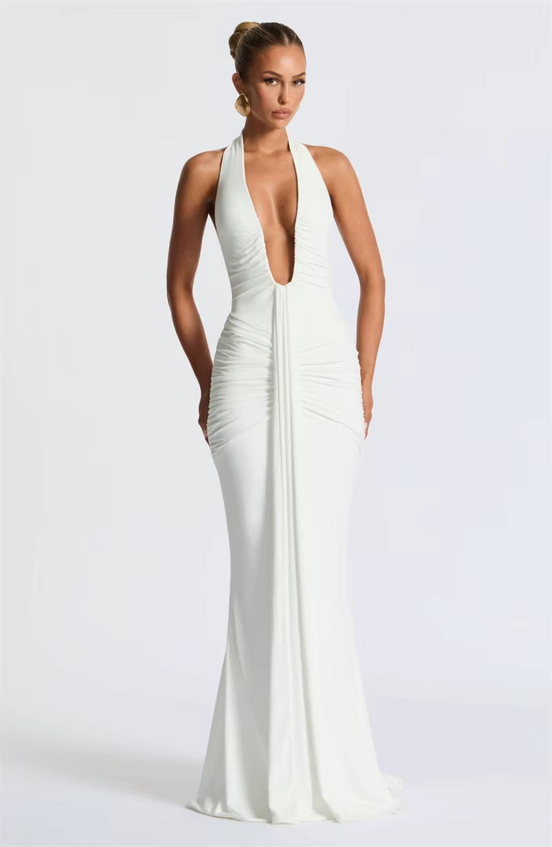 Deep V-Neck Ruched Maxi Dress – Backless Halter Club Dress for Women