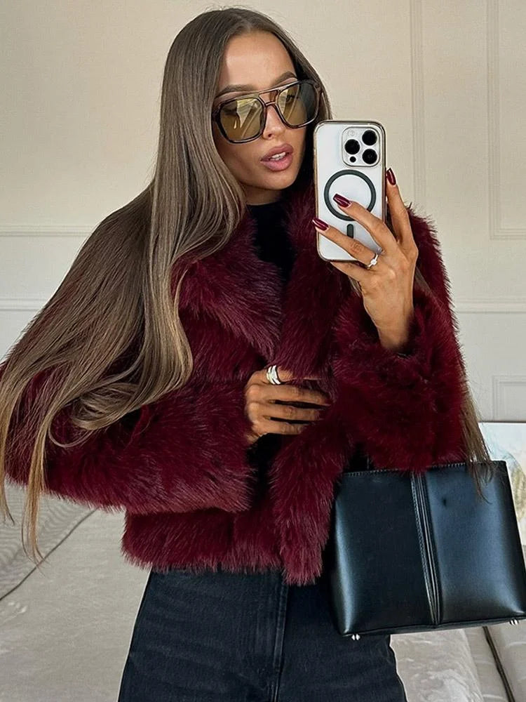 Burgundy Faux Fur Coat – Vintage Long Sleeve High Street Jacket for Women