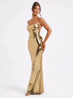 Backless Metallic Evening Dress – Elegant Slim Fit with Open Back