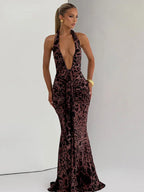 Leopard Print Halter Backless Maxi Dress – Sexy Draped Clubwear Gown