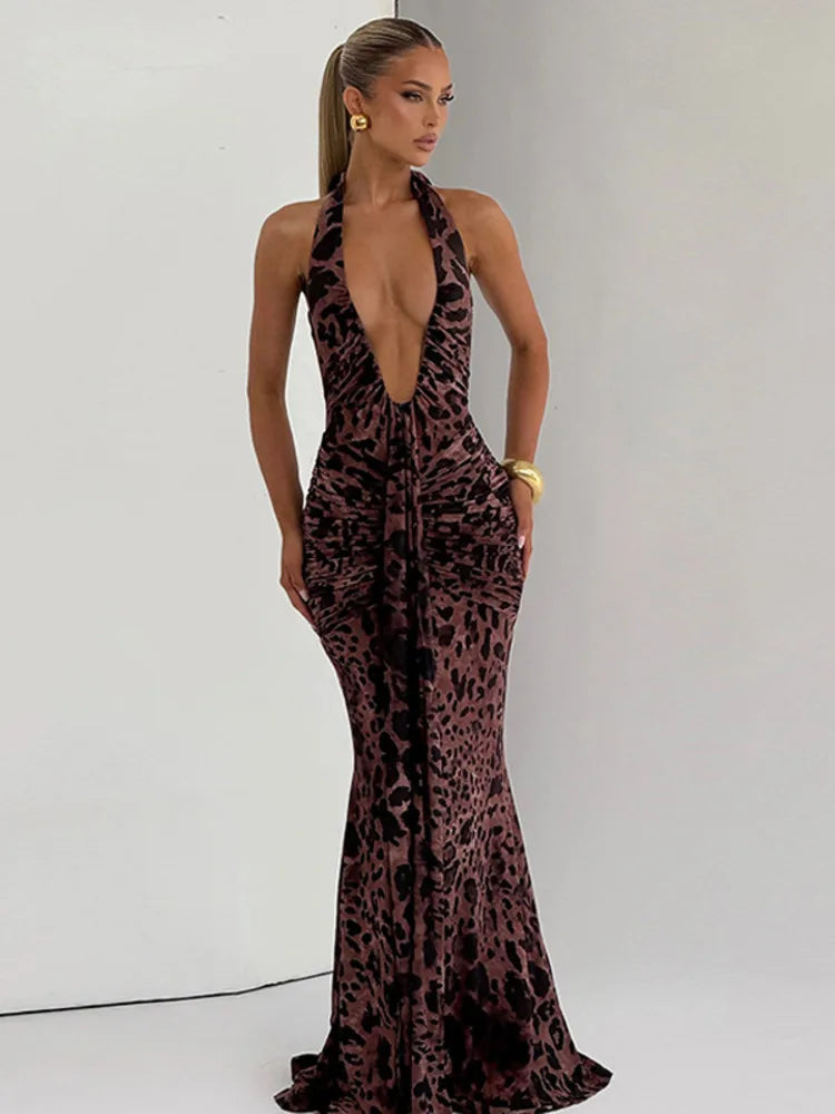 Leopard Print Halter Backless Maxi Dress – Sexy Draped Clubwear Gown