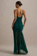 Backless Pleated Spaghetti Strap Maxi Dress – Elegant Ruched V-Neck Gown