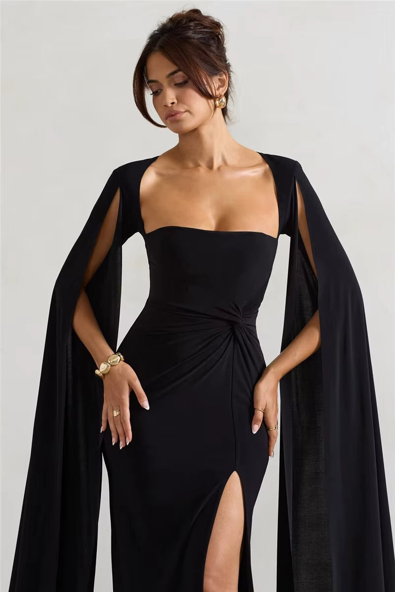Elegant Long Cape Sleeve Maxi Dress