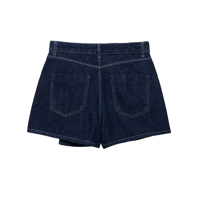 Minifalda vaquera azul marino con cremallera para mujer: pantalones cortos vintage chic de cintura alta
