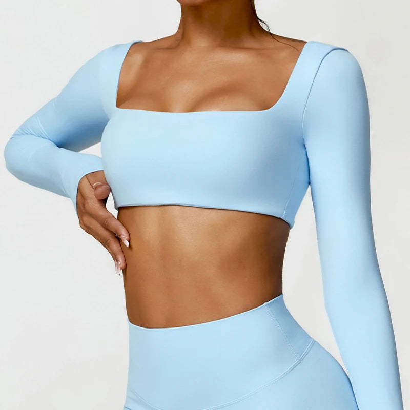 Seamless Square Neck Gym Top – Long Sleeve Compression Crop
