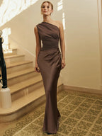 Satin One Shoulder Patchwork Maxi Dress - Sleeveless Backless Slim Club Evening Outfit