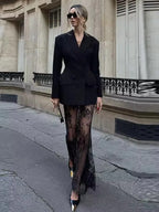 Double-Breasted Blazer & Sheer Skirt Set