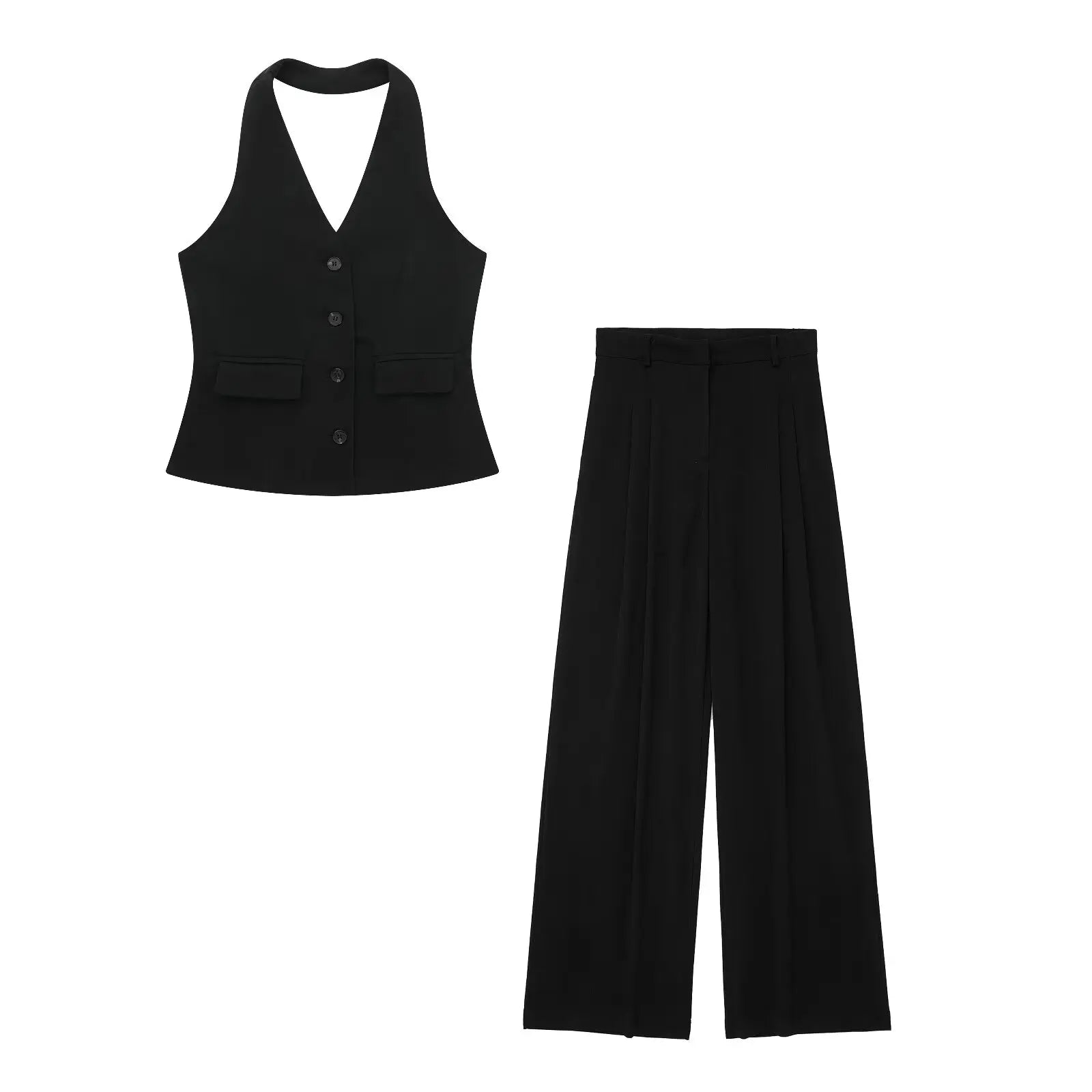 Women’s 2-Piece Office Set – Halter Vest Top & High Waist Wide-Leg Pants with Pockets