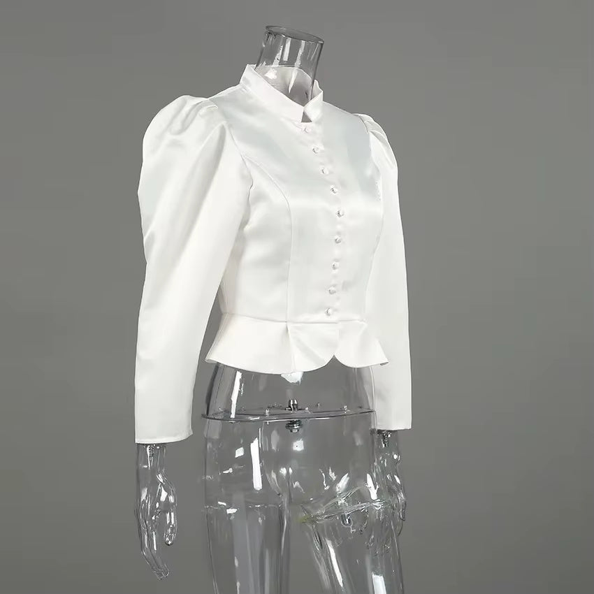 Strukturierte Satin-Schößchenbluse – Weiß