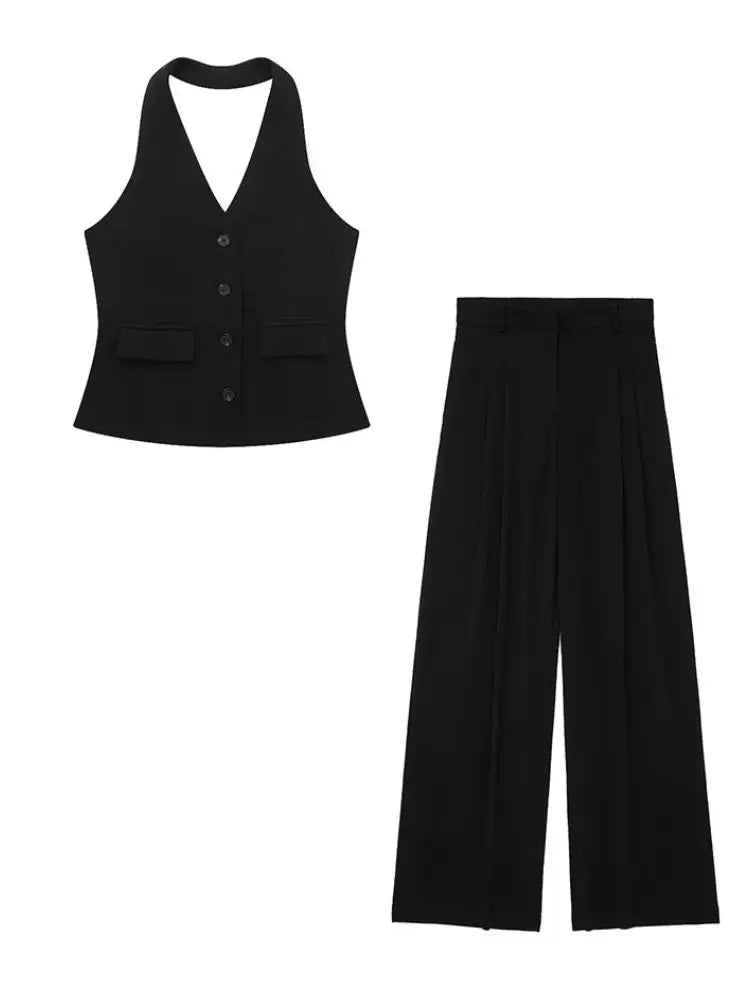 Women’s 2-Piece Office Set – Halter Vest Top & High Waist Wide-Leg Pants with Pockets