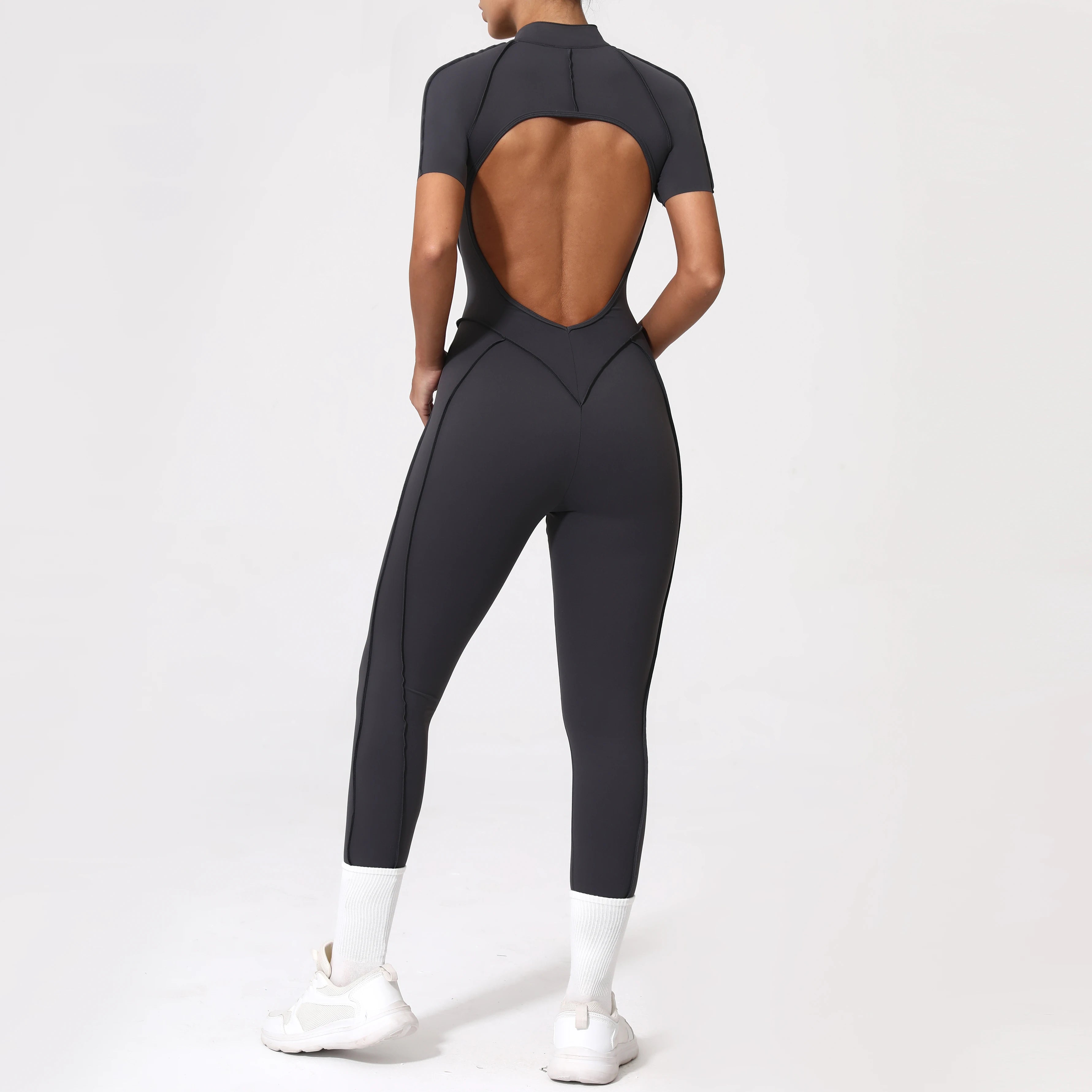 Backless Zip Yoga Jumpsuit -Gray