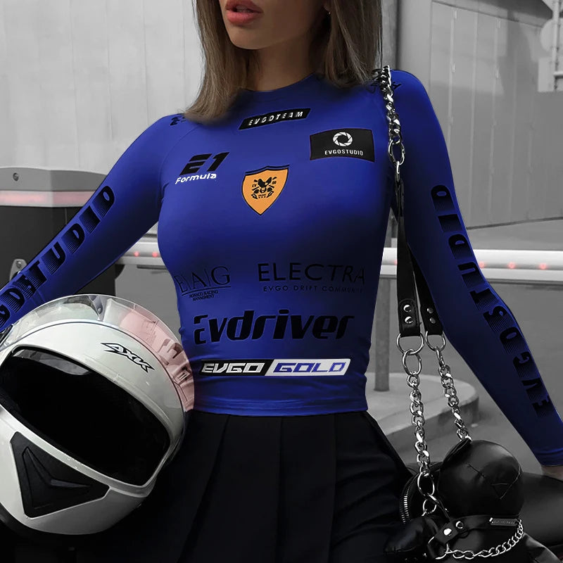 Racing Longsleeve Crop Top – Slim Fit with Motorsport Print